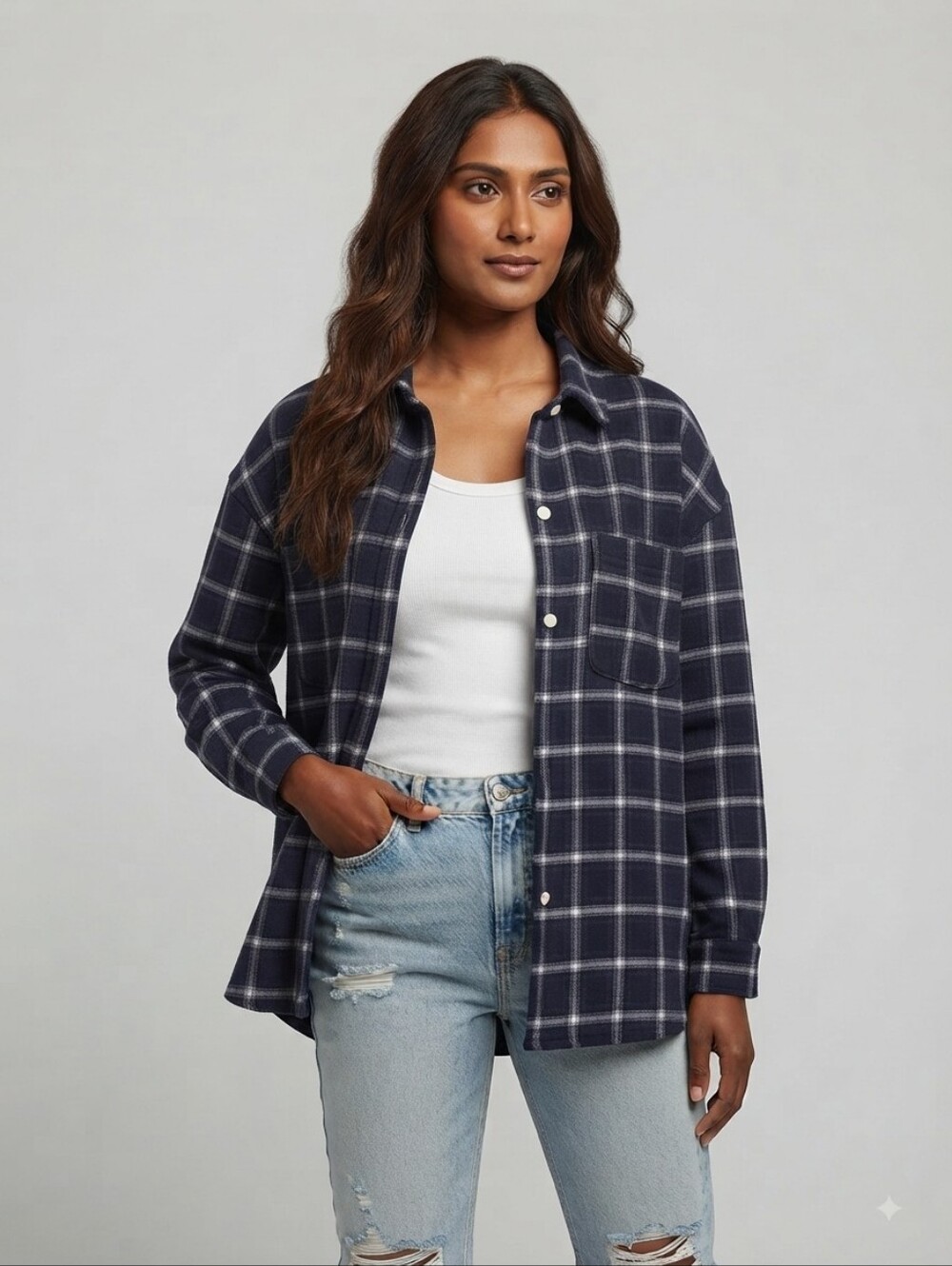 Topshop Navy Blue Oversized Plaid Checkered Shacket Shirt Jacket Women’s Size 6